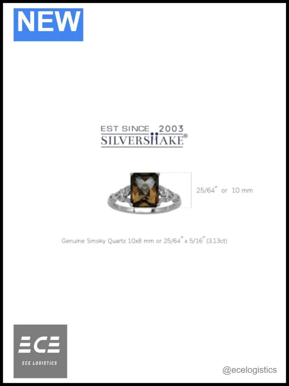Sterling Silver Smoky Quartz Octagon Scroll Ring White Gold Plated